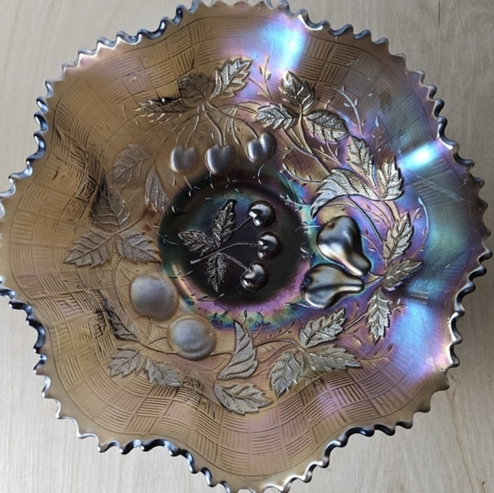 Vintage Northwood Three Fruits Basketweave Fiery Amethyst Glass Bowl